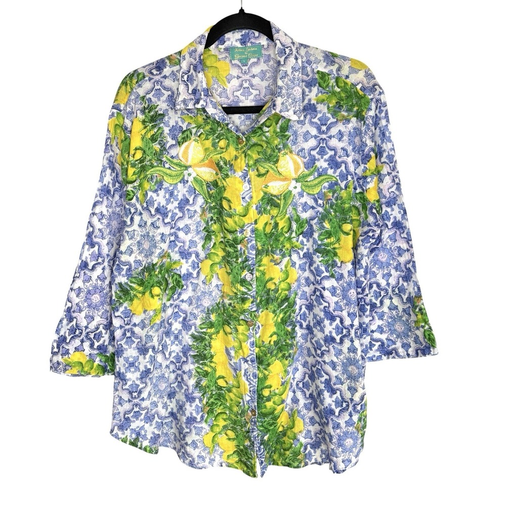 Antica Sartoria Italian Lemon Riviera Shirt Top L Resort Coastal Embroidered